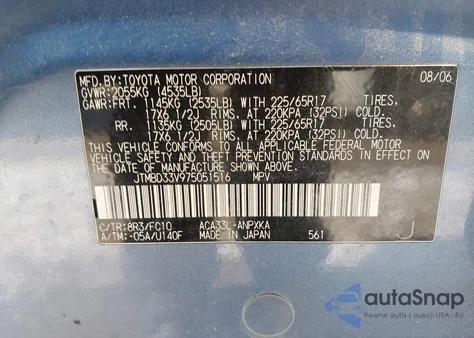 2007 Toyota Rav4 z USA, uszkodzony, nr VIN JTMBD33V975051516